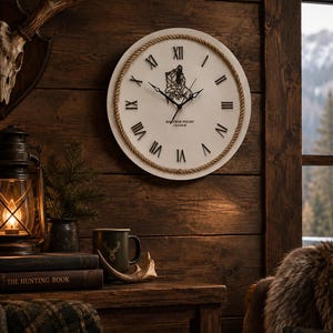 Könnte beinhalten: Eine runde Wanduhr mit weißem Zifferblatt, schwarzen römischen Ziffern und einem dicken Seilrand. In der Mitte befindet sich eine schwarze geometrische Bärenillustration und der Text "MARCHUK WOODY CLOOCK" in Schwarz. Schwarze Zeiger.