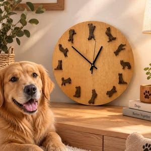 Geschenk für Hundeliebhaber aus Holz, Haustier-Silhouette-Uhr, personalisierte Hunderassen-Uhr, rustikale Wanddekoration aus Holz, einzigartiges Geschenk für Hundebesitzer, handgefertigte Uhr