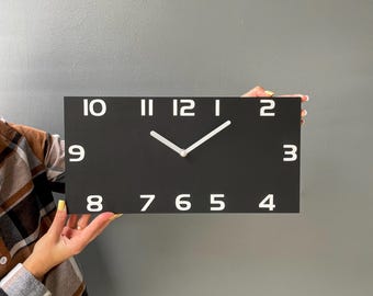 Modern Black Wall Clock – Minimalist Rectangular Wooden Clock, Scandinavian Home Decor Gift for Living Room or Office