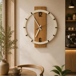 May include: A wall clock featuring a circular white frame mounted on a vertical rectangular wooden panel. The clock face displays black numerals at the 12 and 6 positions, with thin black markers for other hours and white clock hands.