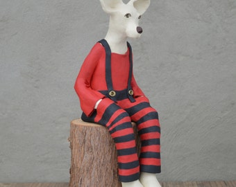 Sitting dog. Handmade ceramic sculpture, to be placed on the shelf (without wooden stand)