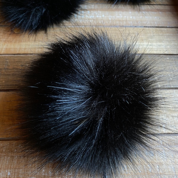 Raven Black Large Faux Fur Pom Pom, Black Faux Fur, Hat Topper, Fluffy Pom Pom