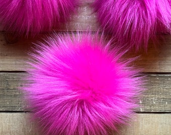 Hot Pink Faux Fur Pom Pom, Long Pile Faux Fur, Hat Topper, Fluffy Pom Pom