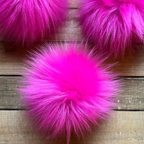 Hot Pink Faux Fur Pom Pom, Long Pile Faux Fur, Hat Topper, Fluffy Pom Pom