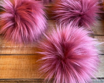 Mauve Pink Faux Fur Pom Poms for Knitted Beanies Hats and Crafts 4 Inch  Medium Size Light Pink Fake Fur Poms With Snaps Loops or Tie Strings 