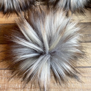 Stormy Large Faux Fur Pom Pom, Gray Fox Long Pile Faux Fur
