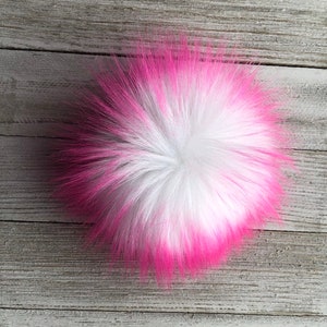 Pink Frost Large Faux Fur Pom Pom, White and Pink Long Pile Faux Fur