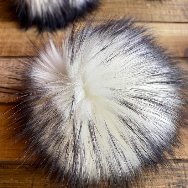 Black Frost Large Faux Fur Pom Pom, White and Black Long Pile Faux Fur, Fluffly Pom Pom