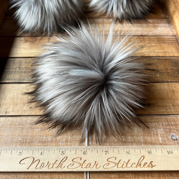 Steel Large Faux Fur Pom Pom, Pom Pom, Hat Topper, Furry Pom, Gray Fox Long Pile Faux Fur