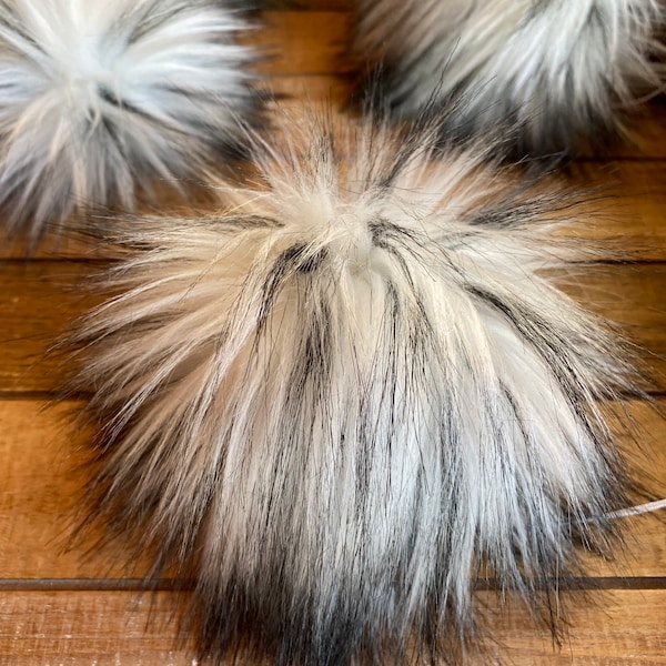 Arctic Husky Large Faux Fur Pom Pom, White and Black Long Pile Faux Fur