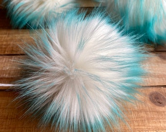Blue Frost Large Faux Fur Pom Pom, White and Blue Long Pile Faux Fur