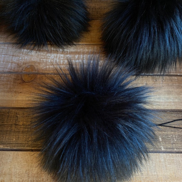 Midnight Black Large Faux Fur Pom Pom, Black Faux Fur, Hat Topper, Fluffy Pom Pom