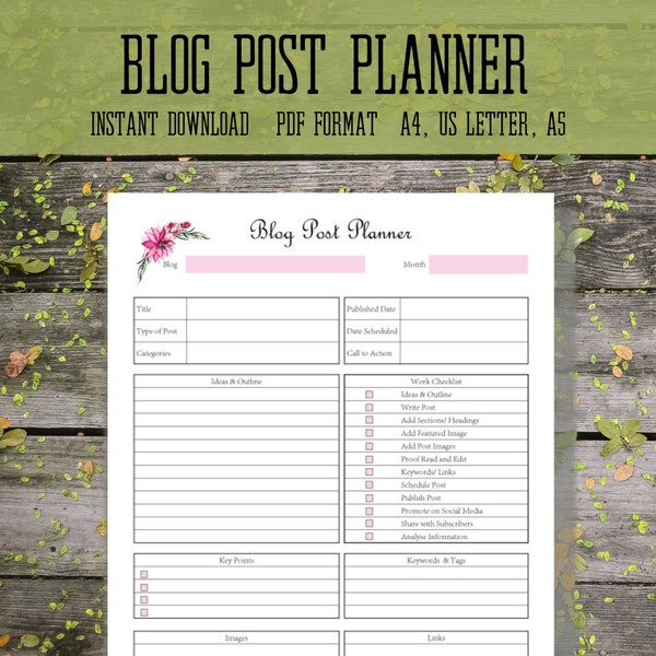 Blog Post Planner, Blog Organiser Schedule, Blogging Planner, Filofax A5, A4, US Letter Size. Instant Download. Printable PDF Template