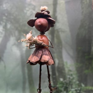 Nature Figurine, Real Acorn and Pinecone Forest Creature, Rustic Wood Slice Base