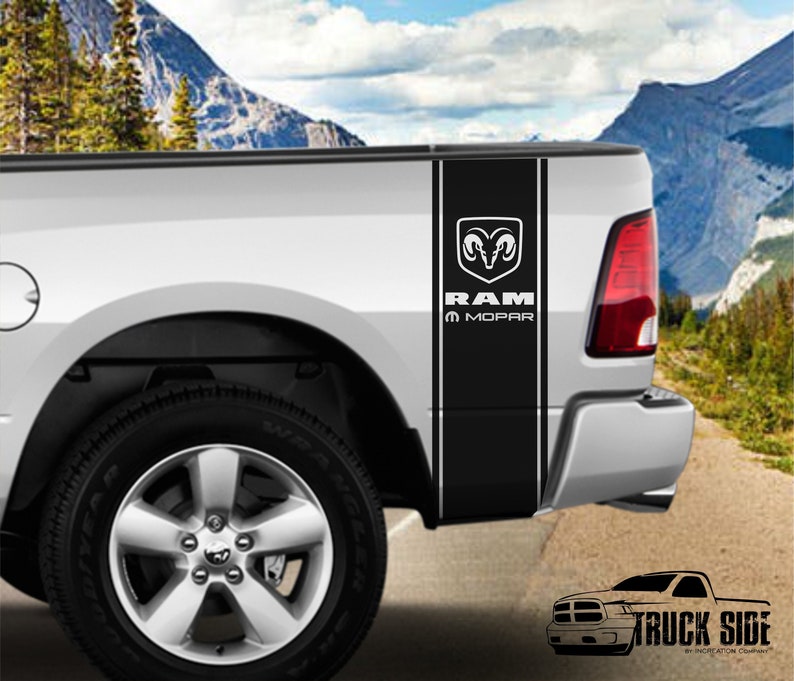 Truck vinyl decal racing stripes Dodge Ram rear bed both sides Hemi Mopar Rebel