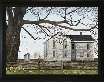 May include: A painting of a white farmhouse with a large tree in the foreground. The house has a porch and a fence in front of it. There are yellow flowers in the grass.