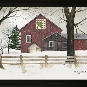 May include: A painting of a red barn with a quilt block pattern on the front. The barn is surrounded by snow and trees. The text "The Two Owl Black Barn" is in the bottom right corner of the painting.