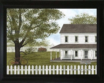 May include: A white farmhouse with a porch and a white picket fence. A green tree with a red bicycle leaning against it is in the front yard. The text "Home Sweet Home" is written on the bottom of the image.