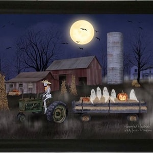 May include: A spooky Halloween scene with a skeleton driving a tractor pulling a wagon full of ghosts. The wagon is decorated with a jack-o-lantern. The scene is set in a rural area with a barn and a silo in the background. The moon is full and bright, casting an eerie glow over the scene. "Haunted Hayride" is written in the bottom right corner.