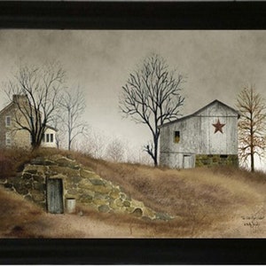 May include: A painting of a white farmhouse with a red star on the side, surrounded by trees and a stone wall. The farmhouse is on a hill with a smaller house in the background.
