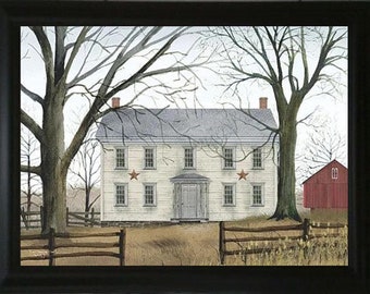 May include: A white farmhouse with red stars on the front, surrounded by bare trees and a red barn in the background. The house has a fence in front of it and a grassy area.