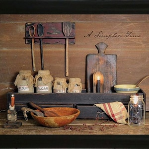 May include: A rustic kitchen scene with wooden spoons hanging on a rack, jars labeled "Flour", "Sugar", "Coffee", and "Tea", a wooden cutting board, a bowl, and a candle. The text "A Simpler Time" is written on the wall.