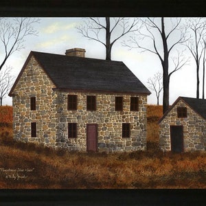 May include: A painting of a stone house with a brown roof and a small stone outbuilding. The house has several windows and a brown door. The scene is set in a rural area with trees and brown grass.