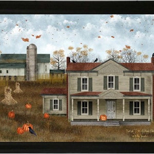 May include: A painting depicting a farmhouse with a white picket fence and a pumpkin on the porch. The house is surrounded by trees and there are crows flying overhead. The painting is in a rustic style and has an autumnal theme.