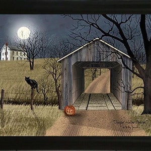 May include: A painting of a spooky, dark, wooden covered bridge with a black cat sitting on a fence post. The bridge is in the middle of a forest with a house in the distance. The moon is shining brightly in the sky. The painting is titled "Sleepy Hollow Bridge" by Jody  Pender.