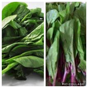 May include: Two images of fresh green leafy vegetables. One image shows a pile of spinach leaves. The other image shows a bunch of leaves with red stems, possibly a type of chard or other leafy green. The images are side by side.