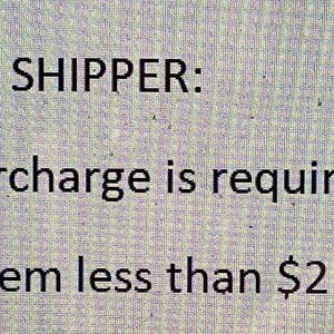 May include: Text on a white background that reads "DROP SHIPPER: $1 surcharge is required for any item less than $2.95".