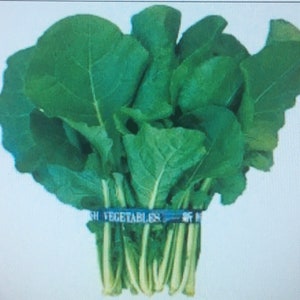 May include: A bunch of dark green leafy vegetables tied together with a black band that says "Fresh Vegetables".