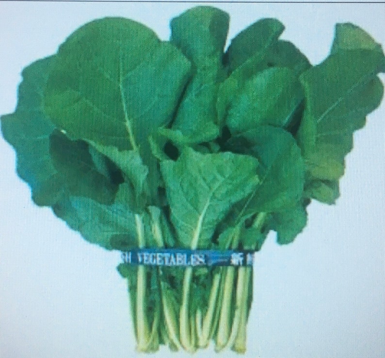 May include: A bunch of dark green leafy vegetables tied together with a black band that says "Fresh Vegetables".