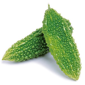 May include: Two green bitter melon vegetables, also known as bitter gourd, with a bumpy, warty texture.