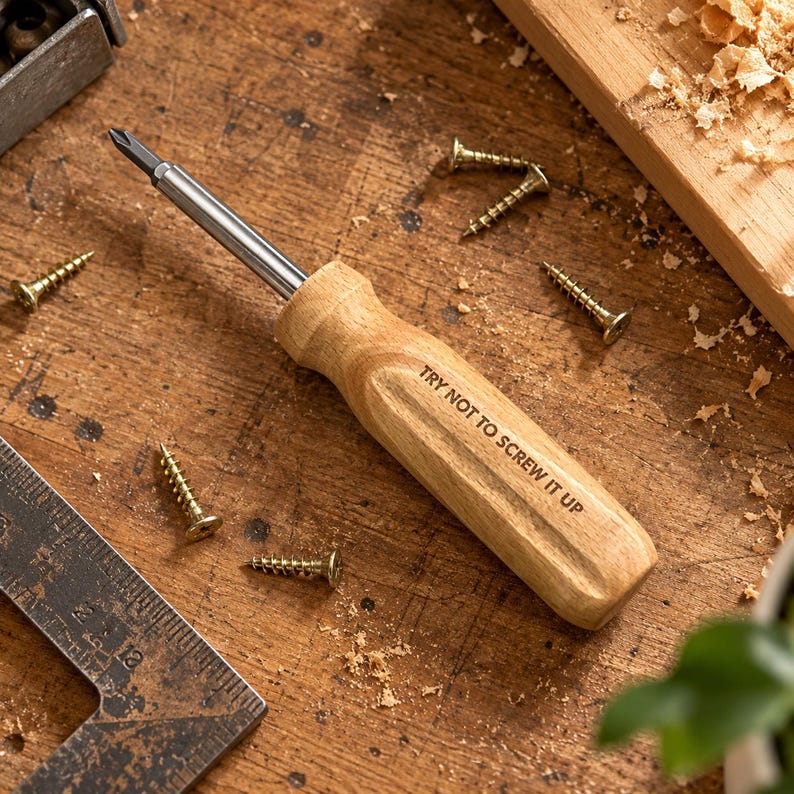 May include: A screwdriver with a light-colored wooden handle featuring the engraved text TRY NOT TO SCREW IT UP. The tool has a silver metal shaft and a Phillips head tip, surrounded by several small brass-colored screws on a wooden surface.