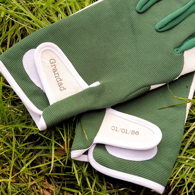 Gants de jardinage en cuir personnalisés cadeaux jardin cadeaux pour jardiniers cadeaux mains vertes image 1