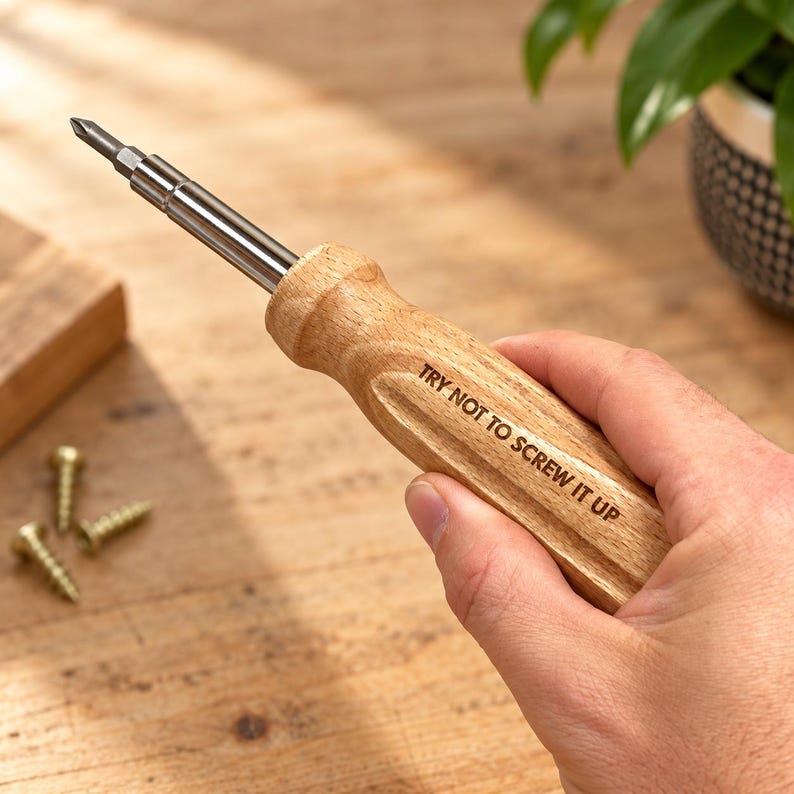 May include: A screwdriver with a light-colored wooden handle featuring the engraved text TRY NOT TO SCREW IT UP. The tool has a metallic shaft and a Phillips head tip, designed for manual use with small metal screws.