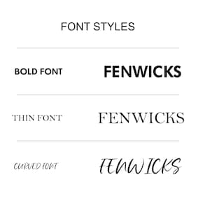 Pu&ograve; includere: Un grafico che mostra tre diversi stili di font per la parola "Fenwicks". Il primo stile &egrave; in grassetto, il secondo &egrave; sottile e il terzo &egrave; un font corsivo.