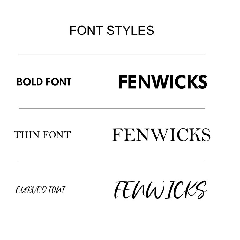 Pu&ograve; includere: Un grafico che mostra tre diversi stili di font per la parola "Fenwicks". Il primo stile &egrave; in grassetto, il secondo &egrave; sottile e il terzo &egrave; un font corsivo.