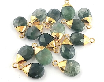 Green Moss Agate Pear Drop Electroplated Charms Pendant - 9x12mm Faceted Pear Gemstone Pendant - Energy Stone - Selling Per Piece