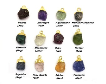 May include: Twelve gold-plated gemstone charms, each representing a different birthstone. The charms are arranged in four rows of three, with the birthstone name and month listed below each charm.