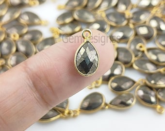 Pyrite Pear Charm Pendant - Gold Vermeil Bezel Setting Charm - Money Attract Woman Necklace Charm - Best Gift For Her - Selling Per Piece