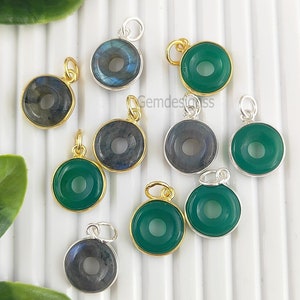 Flashy Labradorite Donut Pendant - Green Onyx Round Shape Pendant - Circle Gold Vermeil Bezel Set Pendant - Gift For Her - Selling Per Piece