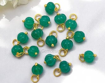 Dije de melón de ónix verde tallado, alambre de plata 925, colgante de piedra preciosa verde redonda, cuentas de calabaza de Halloween, venta por unidad.