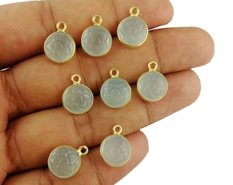 Aqua Chalcedony Carving Flower Design Pendant - Chalcedony 10mm Round Shape Gold Plated Bezel Set Charms Pendant - Selling by Piece