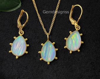 White Fire Opal Jewelry Set - Gold Vermeil Lever Lock Opal Earrings - Fancy Bezel Opal Necklace Pendant - Bridesmaids Gift - Selling Per Set
