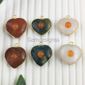 Heart Carving Charm Pendant - Double Gemstone Heart Pendant - Gold Electroplated Pendant - Best Valentine Gift For Her - Selling Per Piece