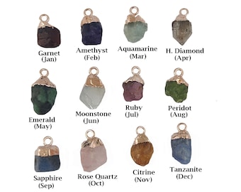 Colgante con dije de tapa chapado en oro rosa con piedra natal en bruto, dijes de piedra natal, dijes de piedras preciosas en bruto, venta por unidad.