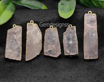 Raw Rose Quartz Rectangle Pendant - Gold Electroplated Long Bar Pendant - October Birthstone Healing Pendant - Best Gift - Selling Per Pcs