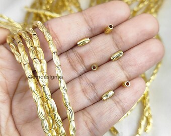 Gold Plated Tube Beads - Fancy Gold Brass Beads - Jewelry Making Beading Component - 31 Beads In 1 Strand - Selling 8 Inches Long Per Strand